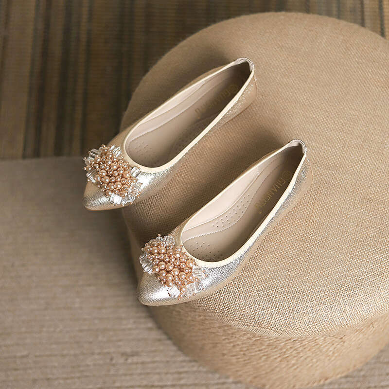 Bowknot Ballet Flats Chicken Rolls Mom Soft Sole Large Women's Rhinestone Beaded Single Shoes 40-43