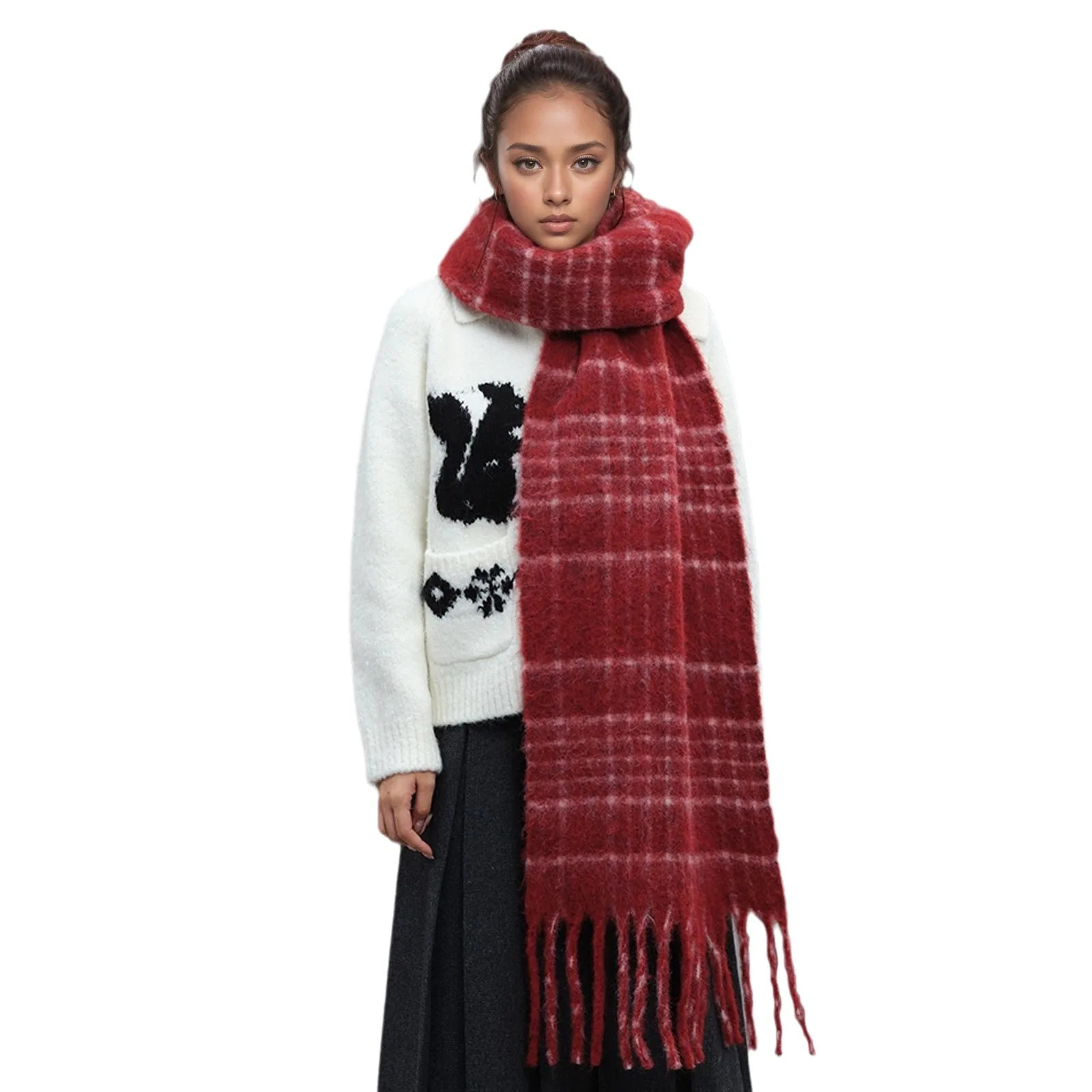 Plaid Scarf With Wool Tassel Winter Mohair Warm Scarves For Men And Women 200*37CM 241220