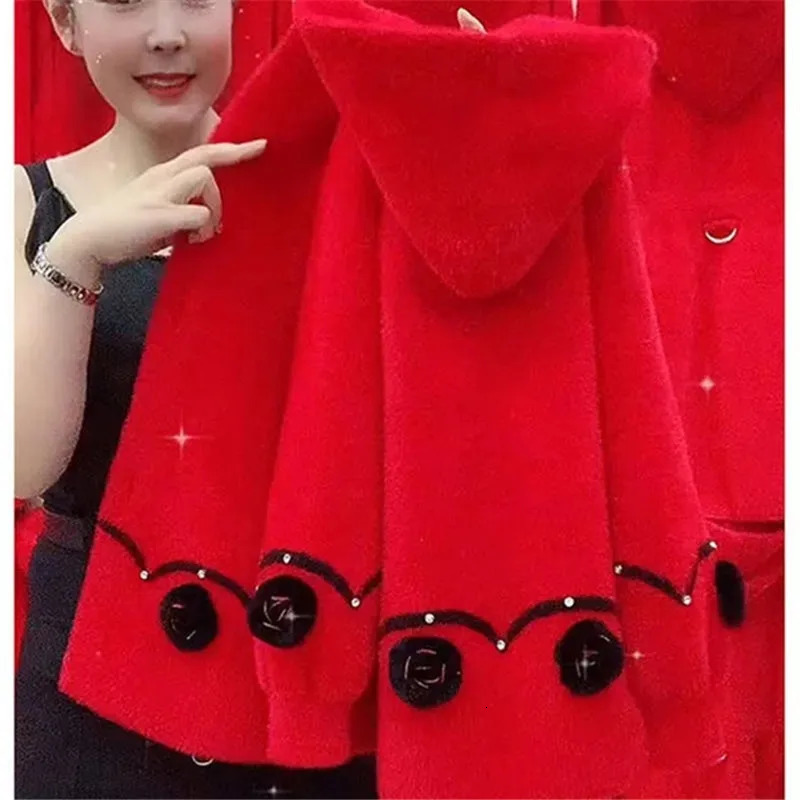 2023 Autumn Winter Middle Aged Women Faux Mink Cashmere Sweater Coat Thicken Hooded Mother Knitted Cardigan Woolen Coats 241220