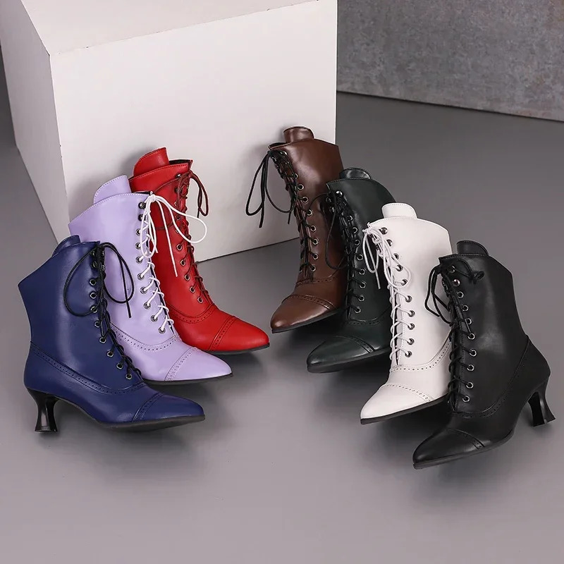 Winter womens Victoria lace ankle boots high kitten boots toe tips red blue and white party dress zipper Fretwork short boots 241213