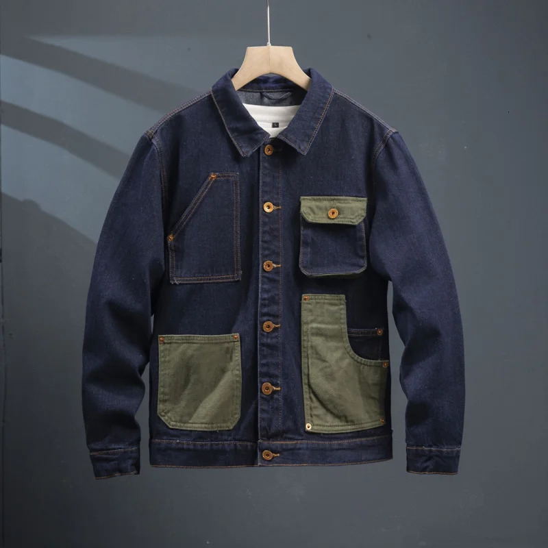 Stitching Contrast Color Denim Coat for Men Japanese Style Workwear Casual Jacket Autumn and Winter Fashion denim Tops 241220