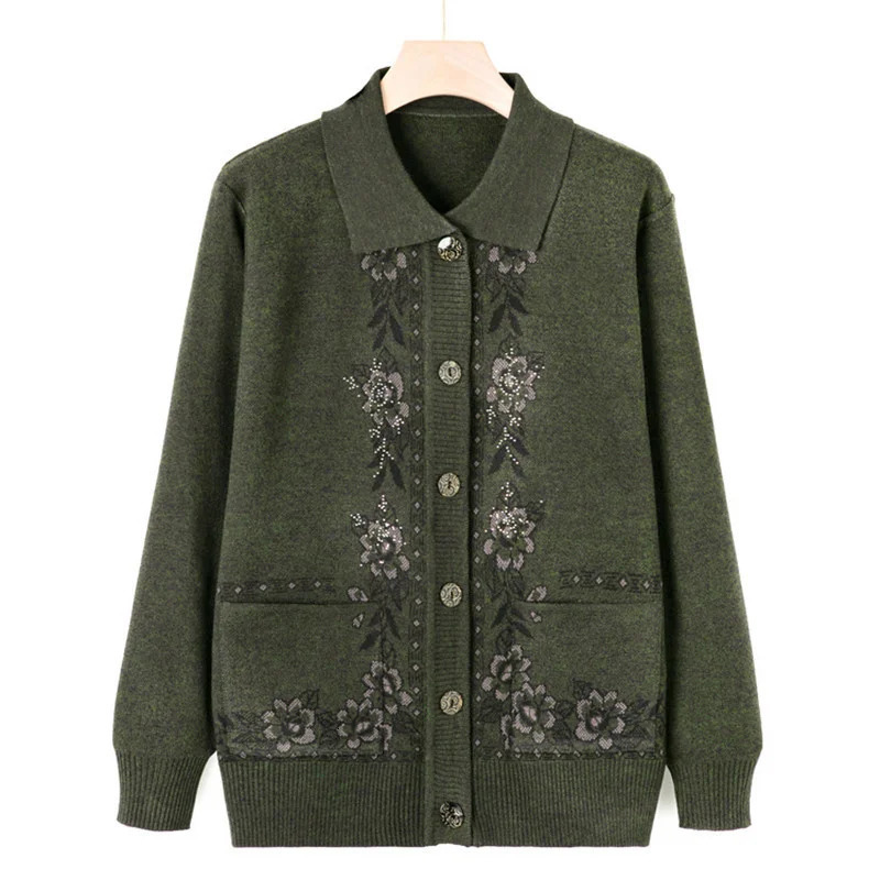 Middle Aged Elderly Mother Woolen Coat Lapel Collar Women Spring Autumn Knitted Cardigan Sweater Female Knitwear Jacket 241220