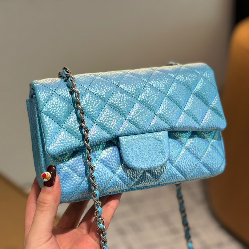 luxury Designer Bag Women Shimmer Glitter Iridescent Shoulder Bag Diamond Check Silver Hardware Crossbody Handbag Turn Lock Quilted Sacoche 20X13cm