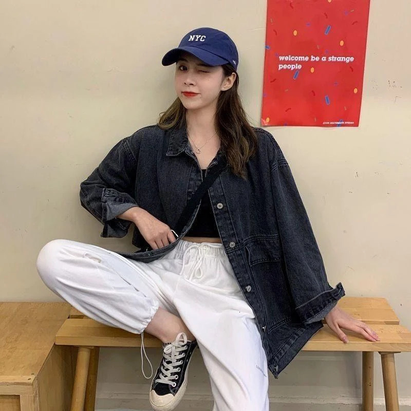Xpqbb autumn womens denim jacket Korean long sleeved loose denim jacket womens Bf unisex large pocket button jacket 241219