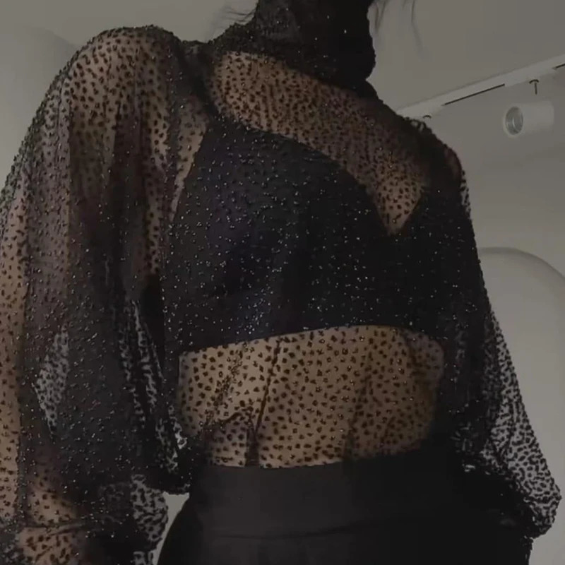 Elegant Turtleneck Sequin Shiny Party Blouse Women Spring See Through Mesh Lace Top Summer Lantern Sleeve Office Lady Shirt 241218