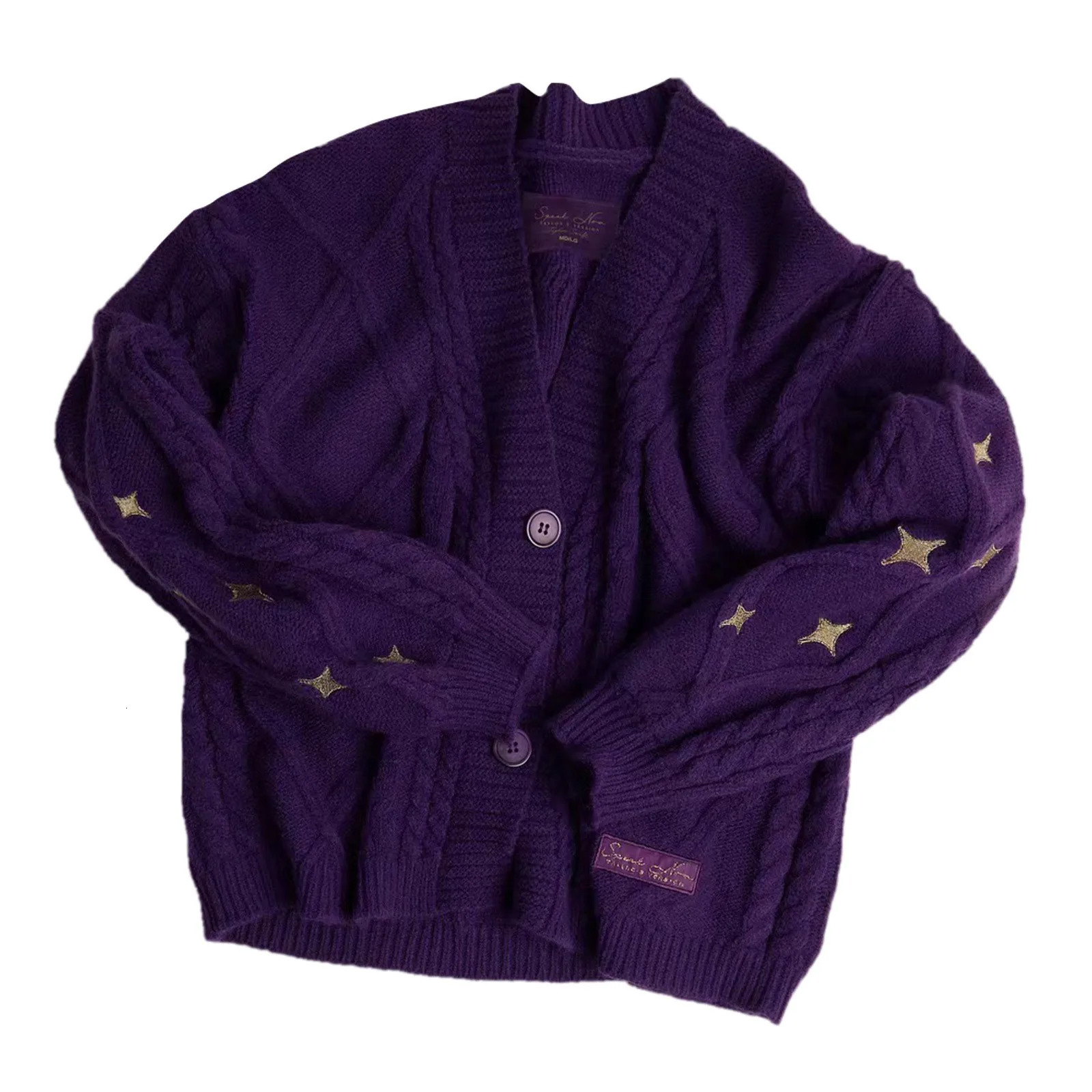 Vintage Knitted Cardigan Purple Women Star Button Knit Loose Sweater Coat Long Sleeve Autumn Winter Warm Preppy Knitwears 241220