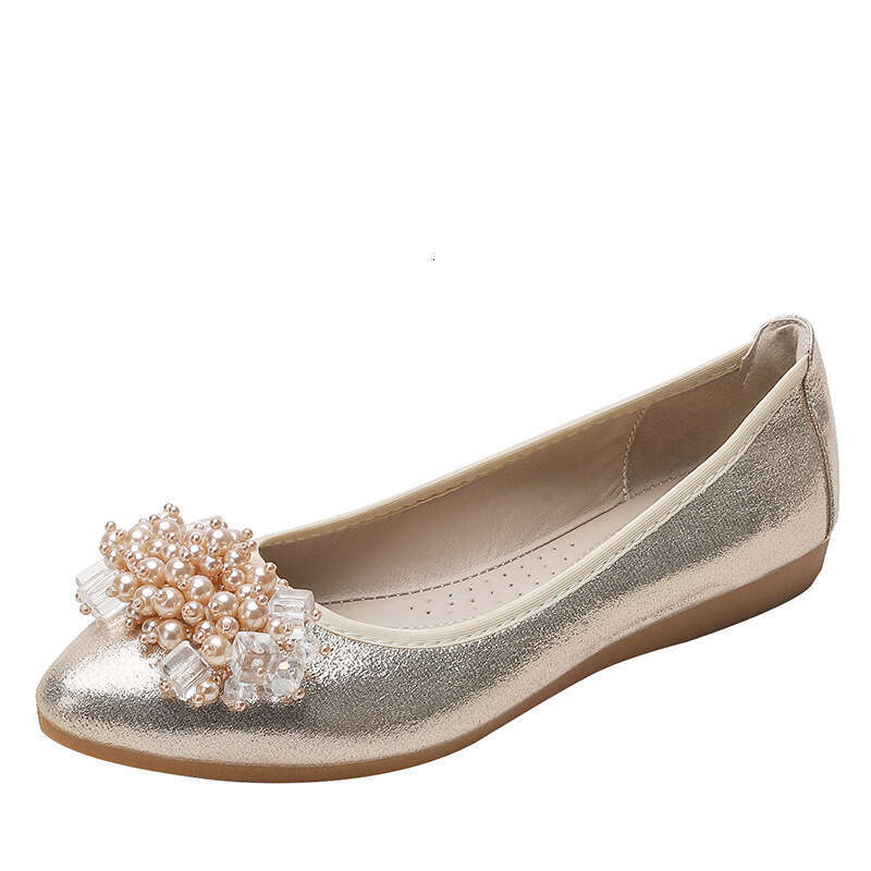 Bowknot Ballet Flats Chicken Rolls Mom Soft Sole Large Women's Rhinestone Beaded Single Shoes 40-43