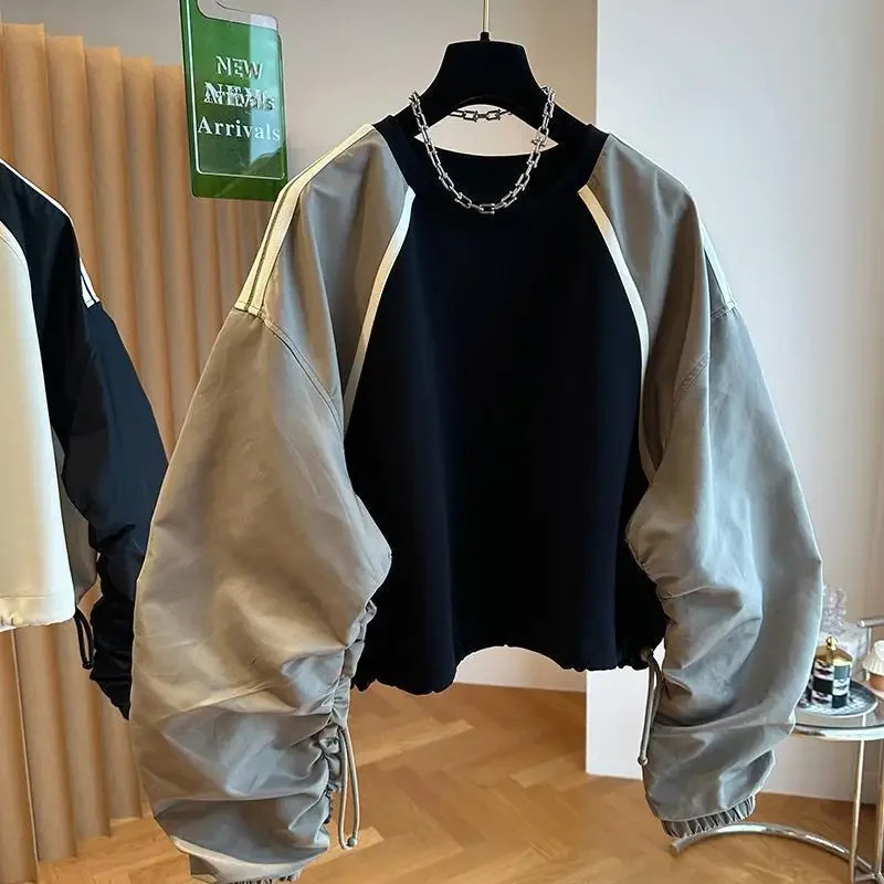 Spring Autumn Elegant Sweatshirt Niche Casual Patchwork Contrasting Color Raglan Shirt Men Women's Drawstring Waist Cinched Top