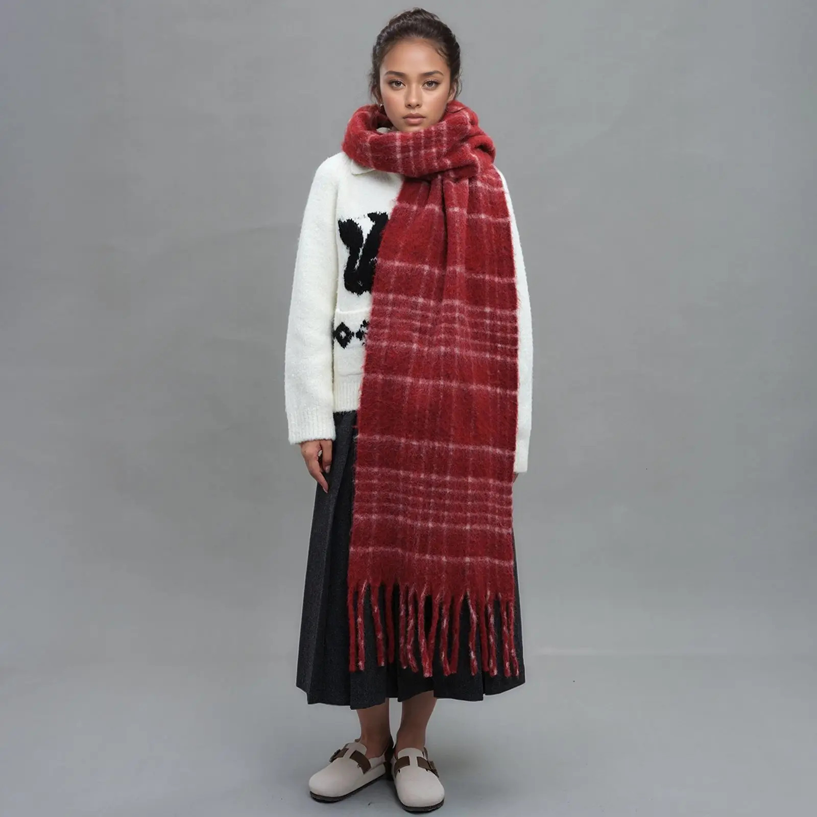 Plaid Scarf With Wool Tassel Winter Mohair Warm Scarves For Men And Women 200*37CM 241220
