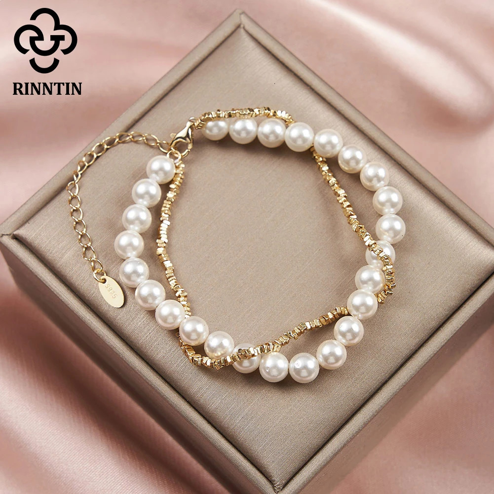 Rinntin Vintage Pearls Bracelet 925 Sterling Silver Layered Chain for Women Romantic Style Gifts Fashion Bracelet Jewelry PSB03 241214