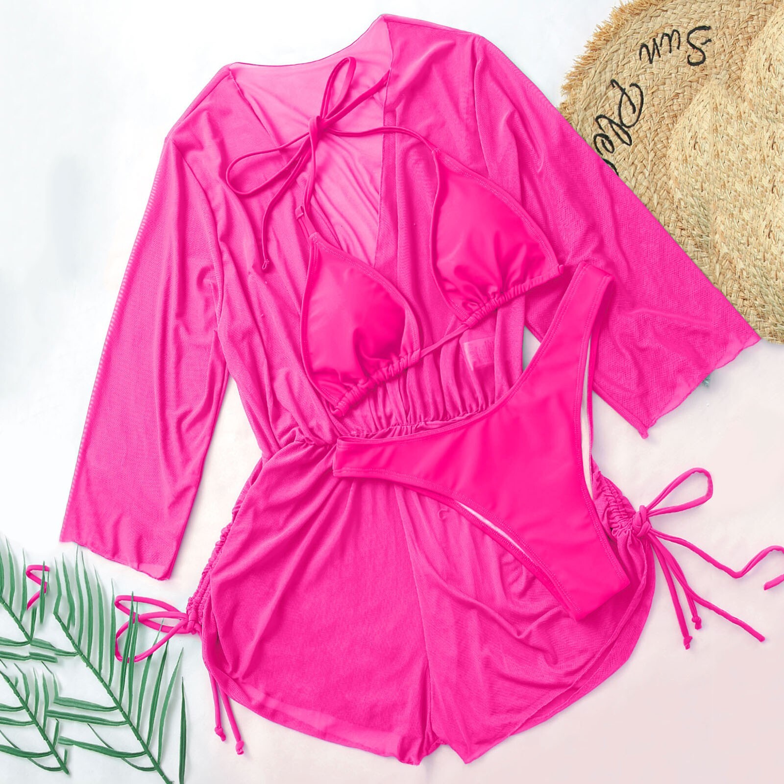 Sexy Solid Bikini Designer Swimsuit And Beach Cover Three Piece Women's Swimsuit