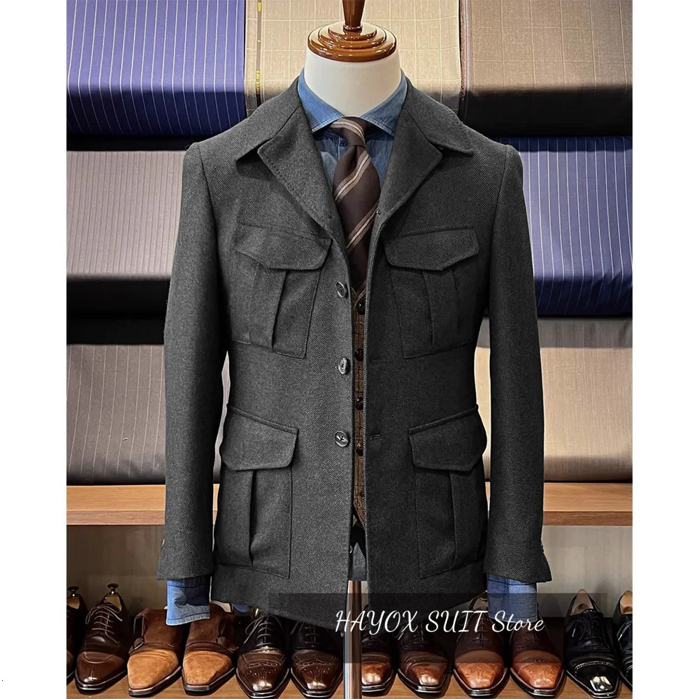 Mens Herringbone Hunting Jacket Casual 4 Pockets Fashion n Vintage Tweed Blazer Single Breasted Comfortable Work 241218