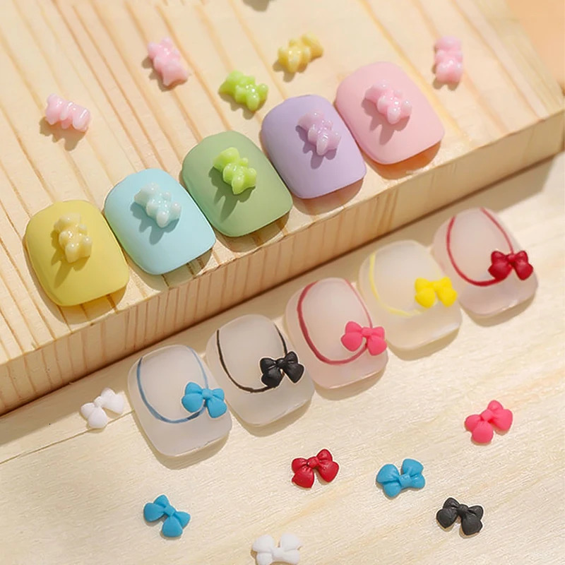 30pcsBag Kawaii Mini Bear Bow 3D Cute Nail Art Decorations Macaron Matte Bears Nails Charms ns DIY Resin Accessories 241213