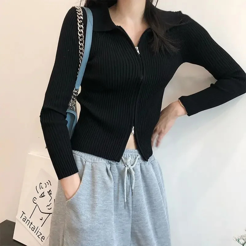 Womens polo Collar Knitted Cardigan 2024 Early Autumn Slim Fit Slimming and Short DoubleHeaded LongSleeve Zipper Top 241220