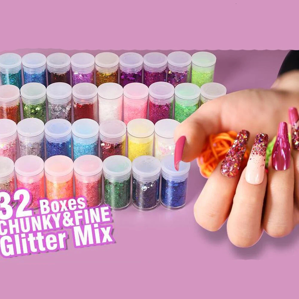 3g*32Bottle Laser Nail Art Glitter Sequins Holo Mixed Hexagon Chunky Fine Flakes Xams Sparkly Body/Eye/Face/Manicure DecorPowder 241220