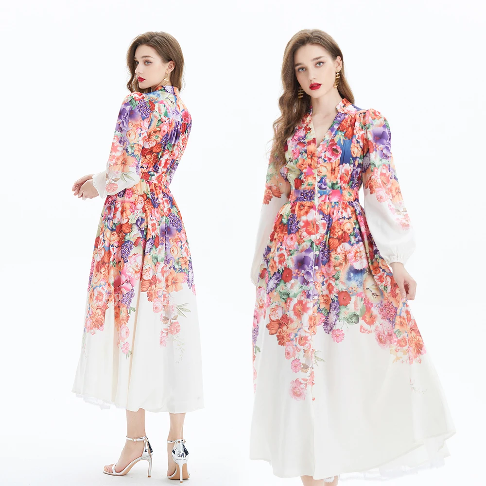 Basic Casual Dresses Women High Street Dresses 2025 Spring Autumn New Stand Lantern Sleeve Print Long Dress Slim Court Style Elegant Chic Vestidos