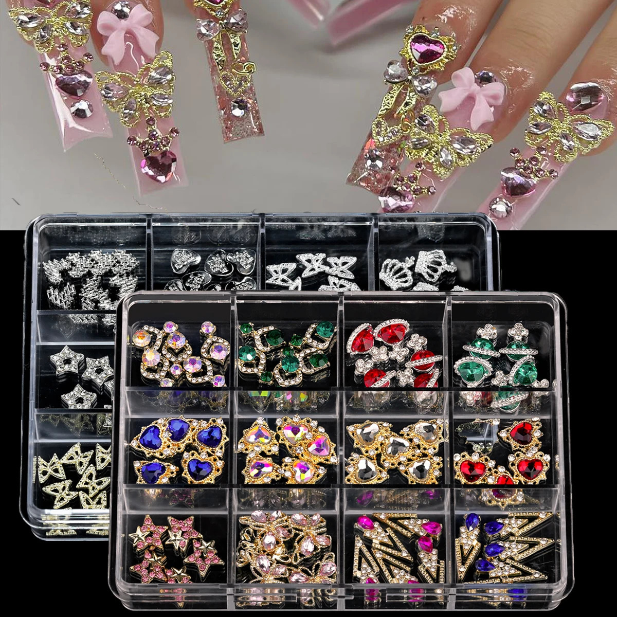 3D Nail Art Rhinestones 12Grids Metal Alloy AB Color Hearts Stars Butterfly Crowns Nail Charms DIY Manicure Decoration Accessori 241220