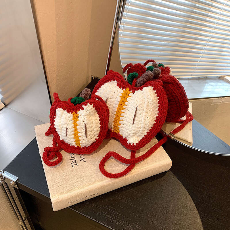 Apple shoulder fashionable and cute diagonal cross women's new finished yarn hook woven bag, coin purse