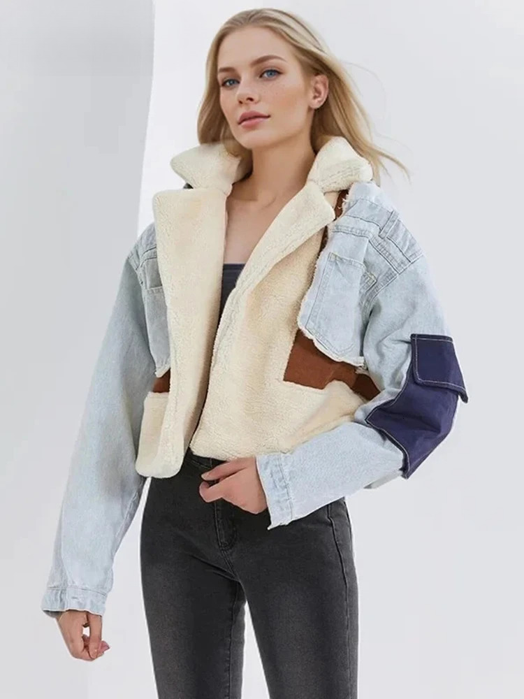 Color Spliced Lambswool Denim Jacket For Women Lapel Long Sleeve Patchwork Pockets Short Winter Coat Female Fashion New