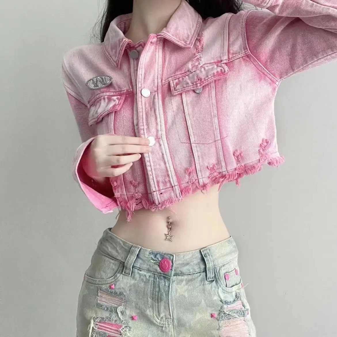 Womens short pink ripped denim jacket jeans top 241219