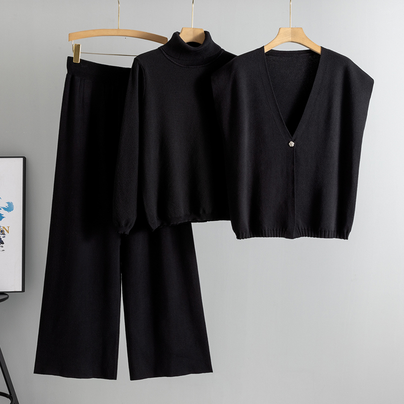 2025 Fashion 3 Piece Set Women's Vest Long Sleeve Half High Collar Top Elastic Waist Wide Leg Pants Tracksuit Knitted Suit