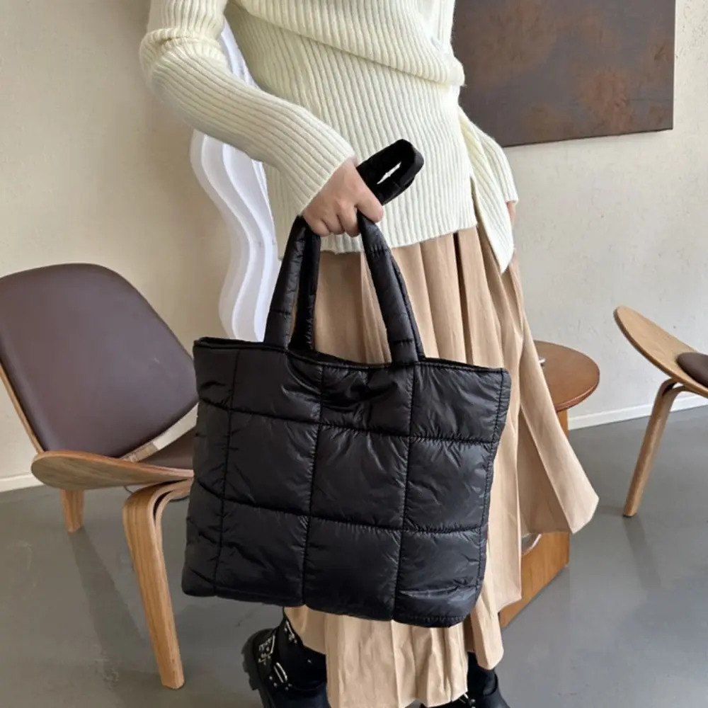 Fashion Nylon Space Cotton Handbag Padded Solid Color Cloud Tote Bag Large Capacity Handle Puffy Shoulder Girls 241213