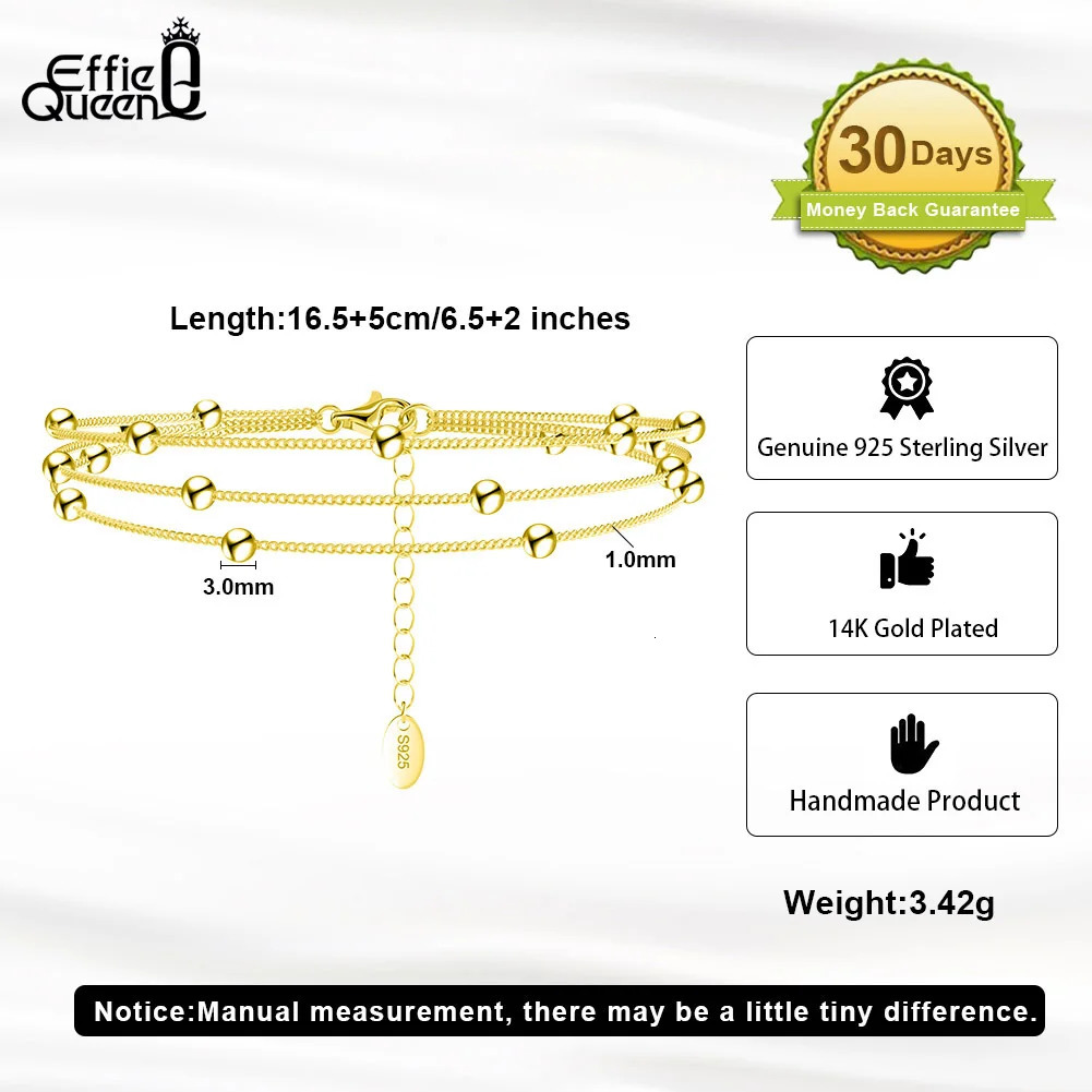 EFFIE QUEEN 14K Gold Triple Layers Chain Bracelet 925 Sterling Silver Round Ball Decor Women Bracelets Fine Jewelry Gift SB173 241214