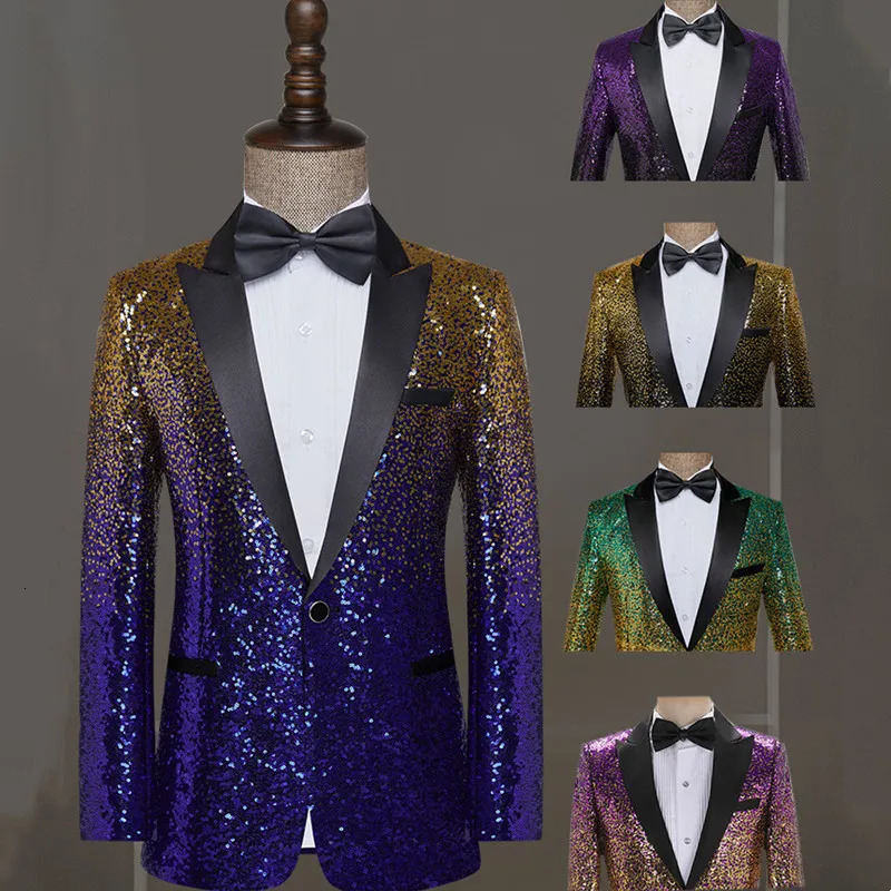 Gradient Color Sequins Tuxedo Suit Coat Men Wedding Groom Prom Glitter Jacket Bar Concert Singer Host Stage Blazer Gold 241218