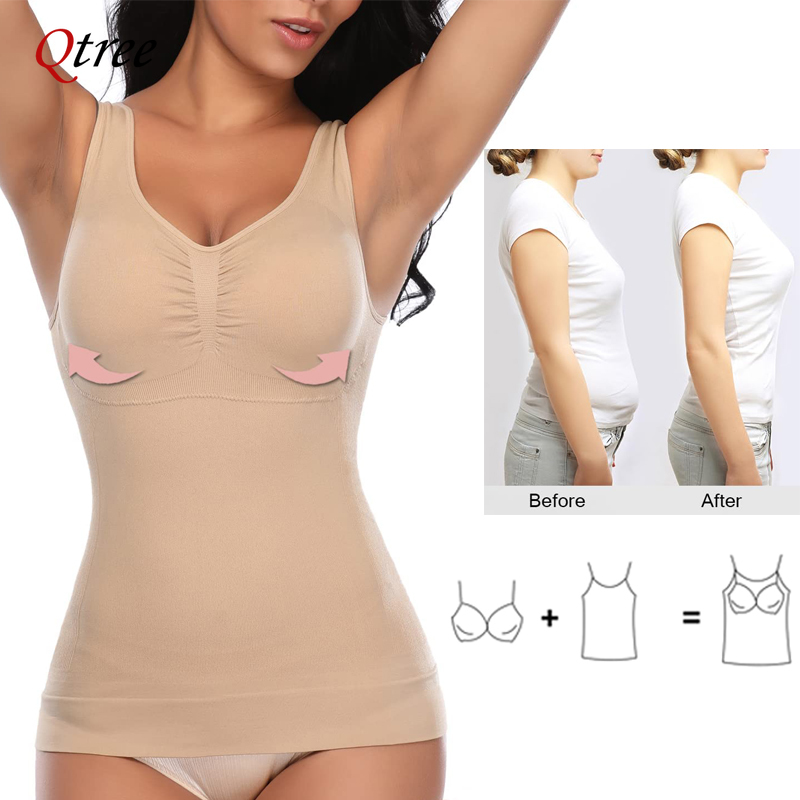 Qtree Women Tummy Control Shapewear Classic 2-IN-1 with Padded Bra High Elastic Strench Vest Body Shaper Slim Up Lift Corset