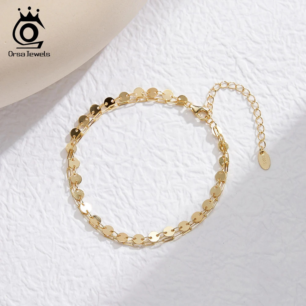 ORSA JEWELS Dual Layers 925 Sterling Silver Chain Bracelet Sequins Cross n for Women Fashion Bracelet Party Jewelry SB197 241214
