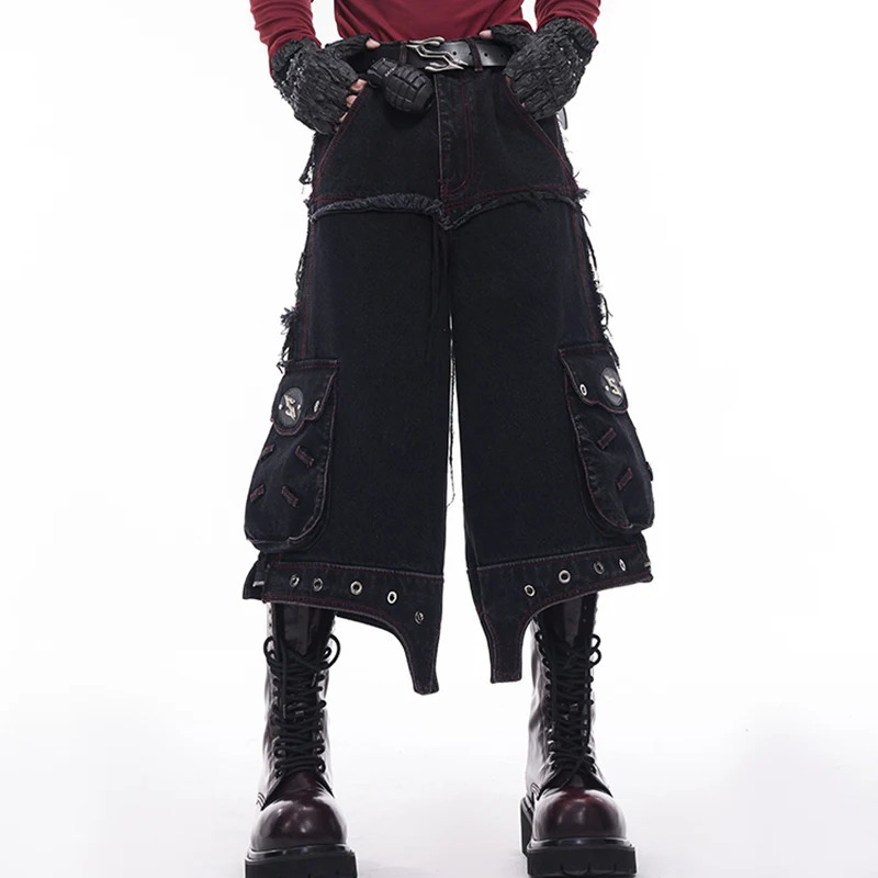 FEWQ Pants Leg Splicing PU Leather Mens Jeans Autumn Winter Straight Legs Darkwear Korea Fashion Male Trousers 24E5611 241219