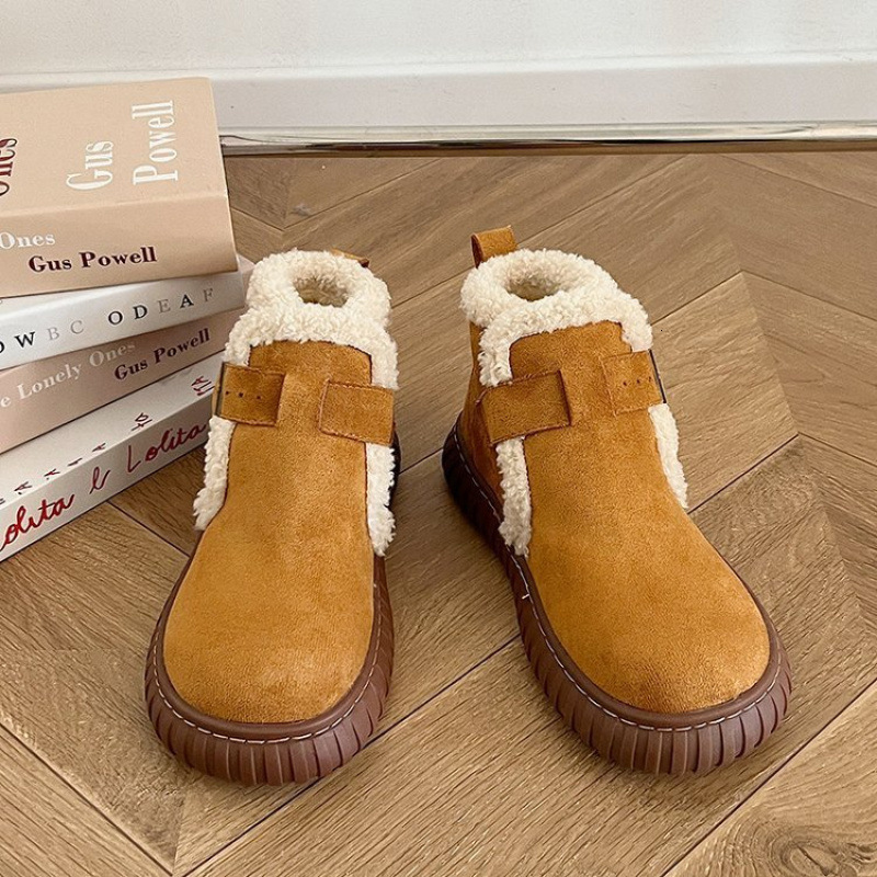 Brown snow boots for women's autumn and winter Bocken shoes with plush and thick fur, round toe thick sole, warm short cotton boots