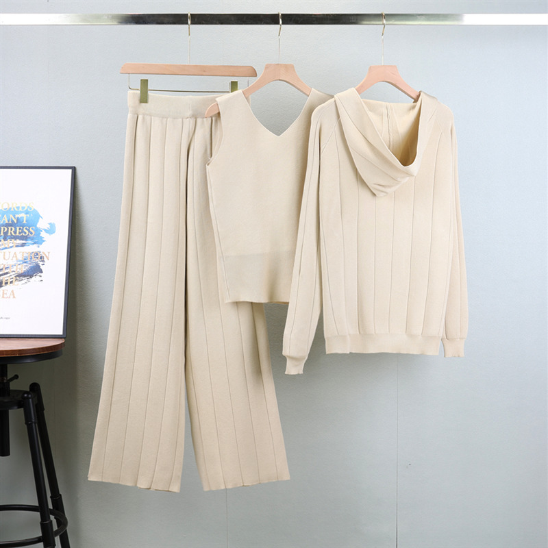 Women Hooded Cardigan+Tank +Wide Leg Pants Sets Ladies Casual Long Sleeve Sports Outfit Elegant Three Piece Suits