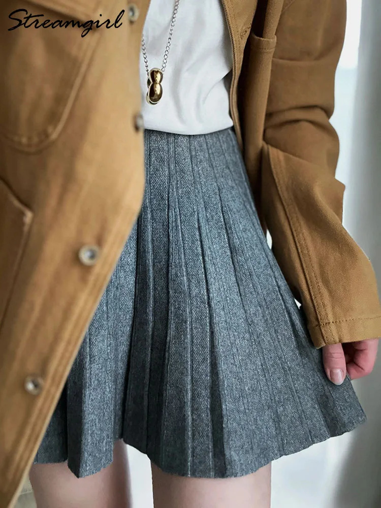 Knit Black Mini Pleated Skirts For Women A Line Winter Short Skirt Lady Gray High Waist Knitted White 241217