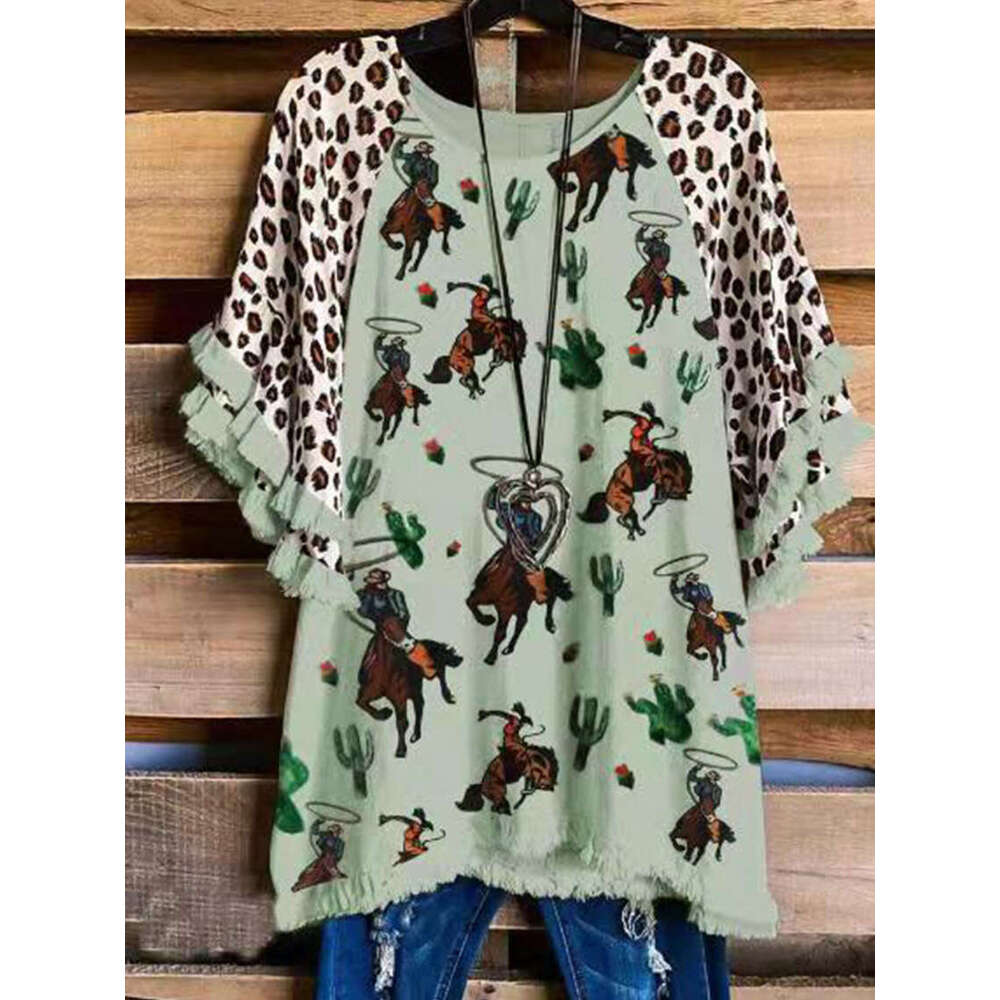 2021 Women's Round Neck Short Sleeve Printed Temperament Commuter Loose Cotton T-shirt with Head Set, 2024 New Casual Versatile Fashion Clothing