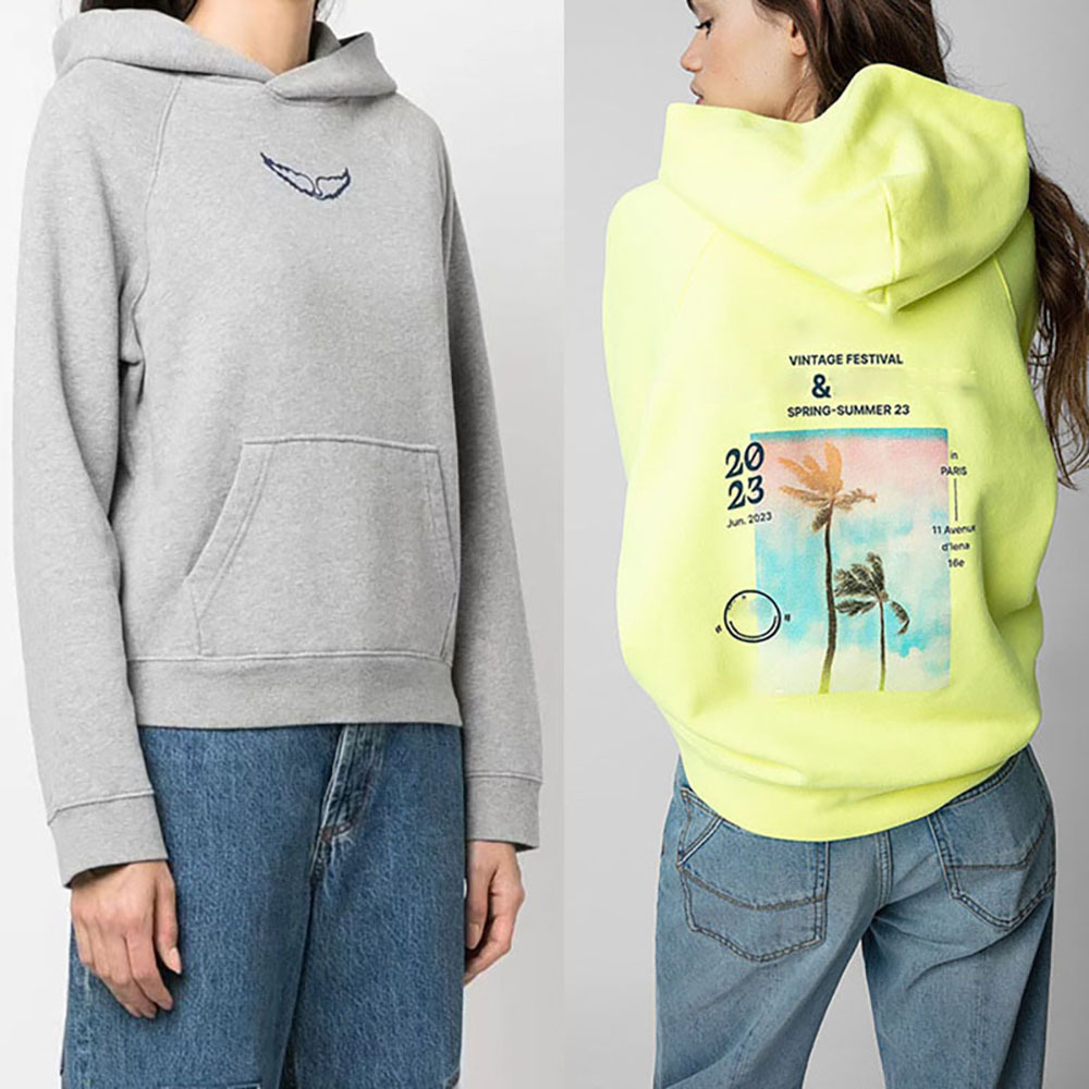 Hoodie For Women Long Sleeve Front Small Wing Back Letter Coconut Tree Printed Pocket Pullover Fleece Sweatshirt