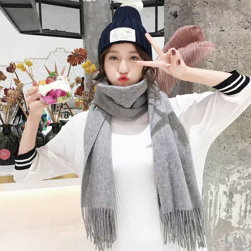 T027 wool scarf female autumn and winter new Korean version double-sided plus velvet warm student long solid color versatile neck shawl