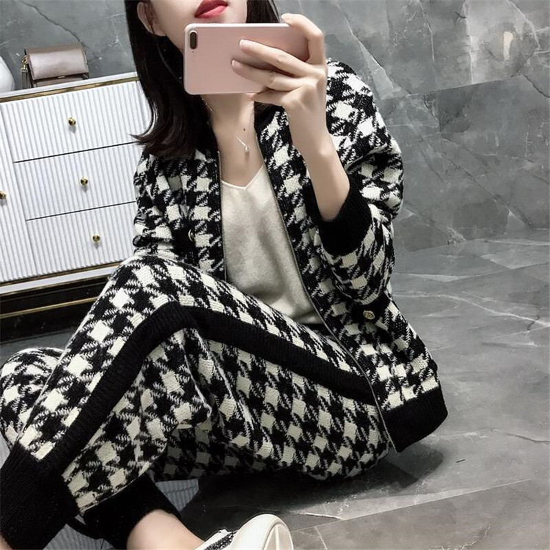 Spring Women Knit Sweatshirts Suit Knitted Tracksuit Houndstooth 2 Zipper Plaid Cardigan Coats Pants Two Piece Set