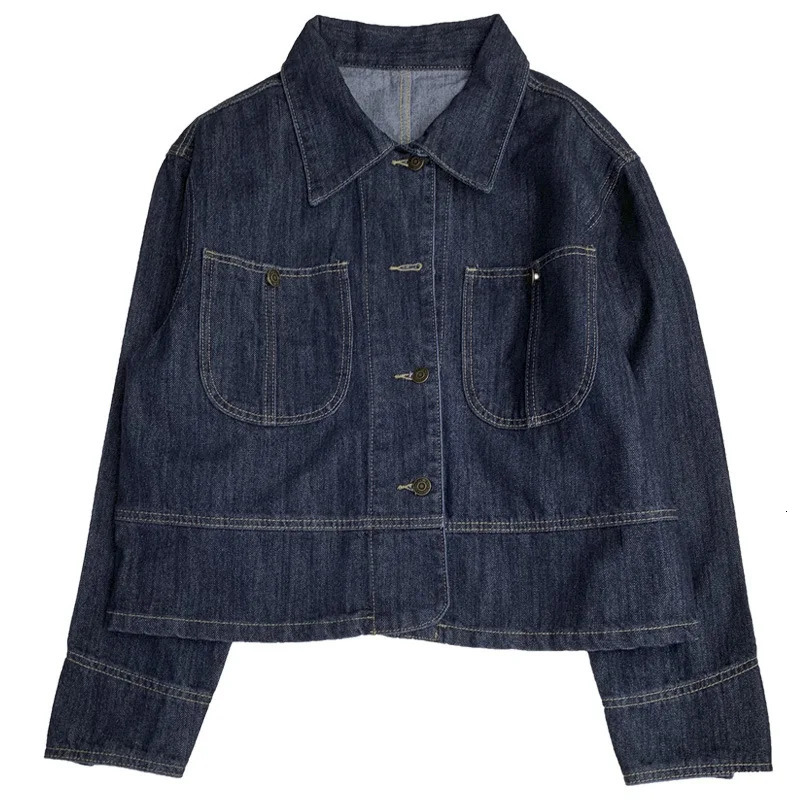 Retro dark blue denim jacket womens short sleeved lapel single chest loose wash womens long sleeved Jean Coats 241219