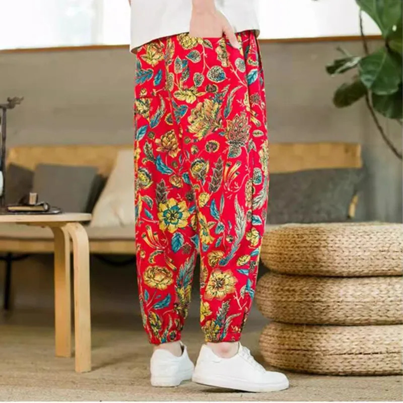 Summer mens cotton linen casual harem close-up pants black/red mens daily casual lace loose floral pants 241219