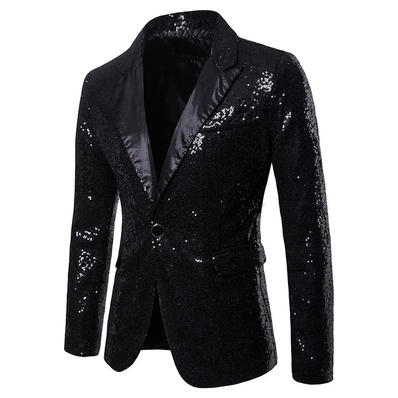 Black One Button Sequin Dress Suit Jacket Men Slim Fit Patchwork Collar Blazer Party Coat Singers Stage Clothes 241218
