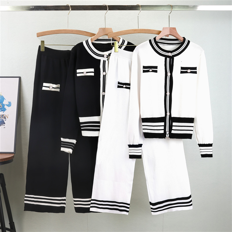 Korean Fashion Casual Knit Two Set Women Sweater Cardigan Wide Leg Pant Suits Tracksuit 2 Piece Sets New Autumn
