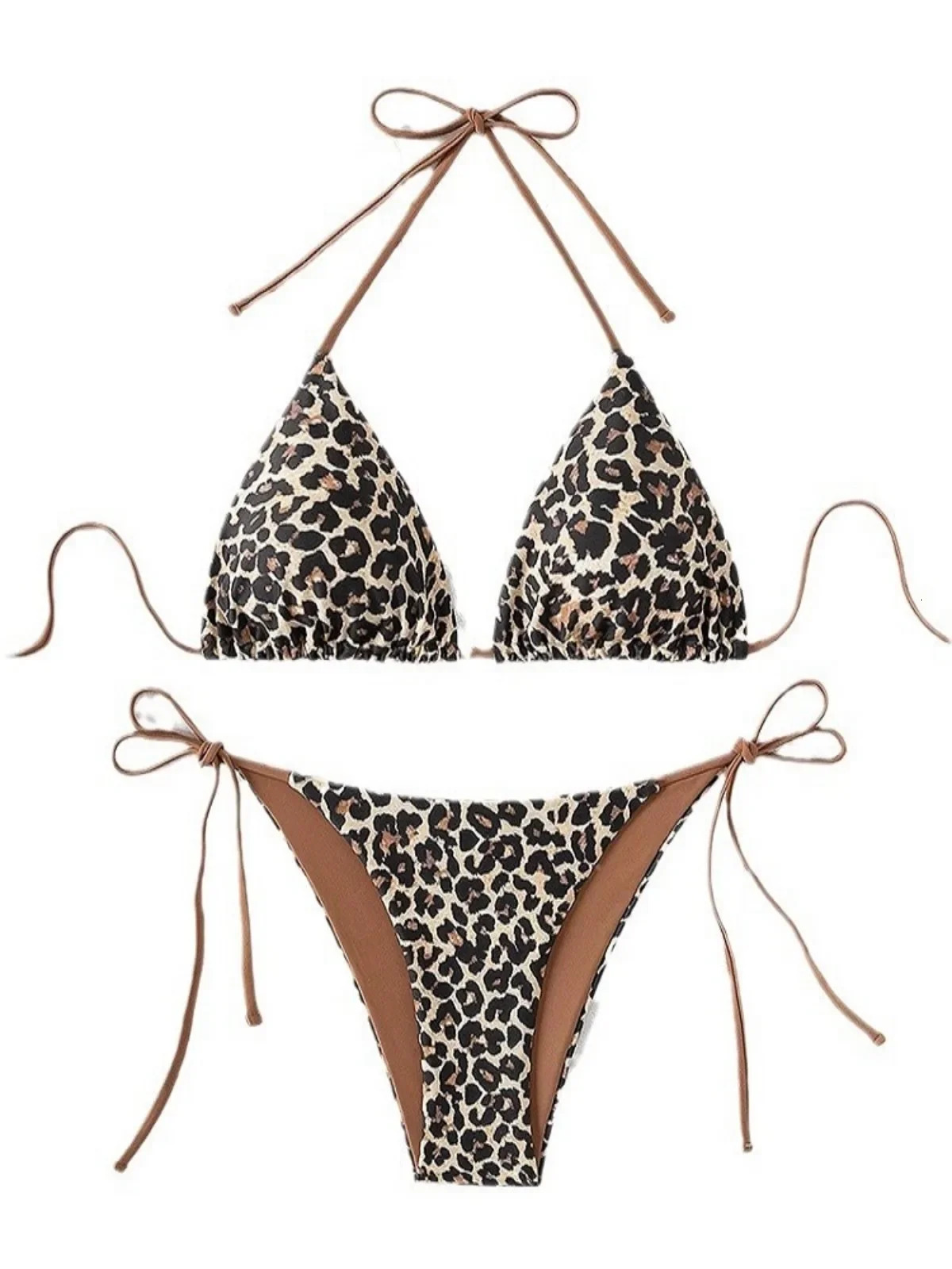Sexy Leopard Print Two-piece Women's Swimsuit Triangle Bra Suspender Backless Bikini Designer Set Beach Vacation Lace Up Swimsuit