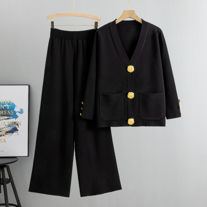 Spring New 2 Piece Sweater Set Oversized Women Kniting V-Neck Cardigan+Pants Knitted Tracksuits