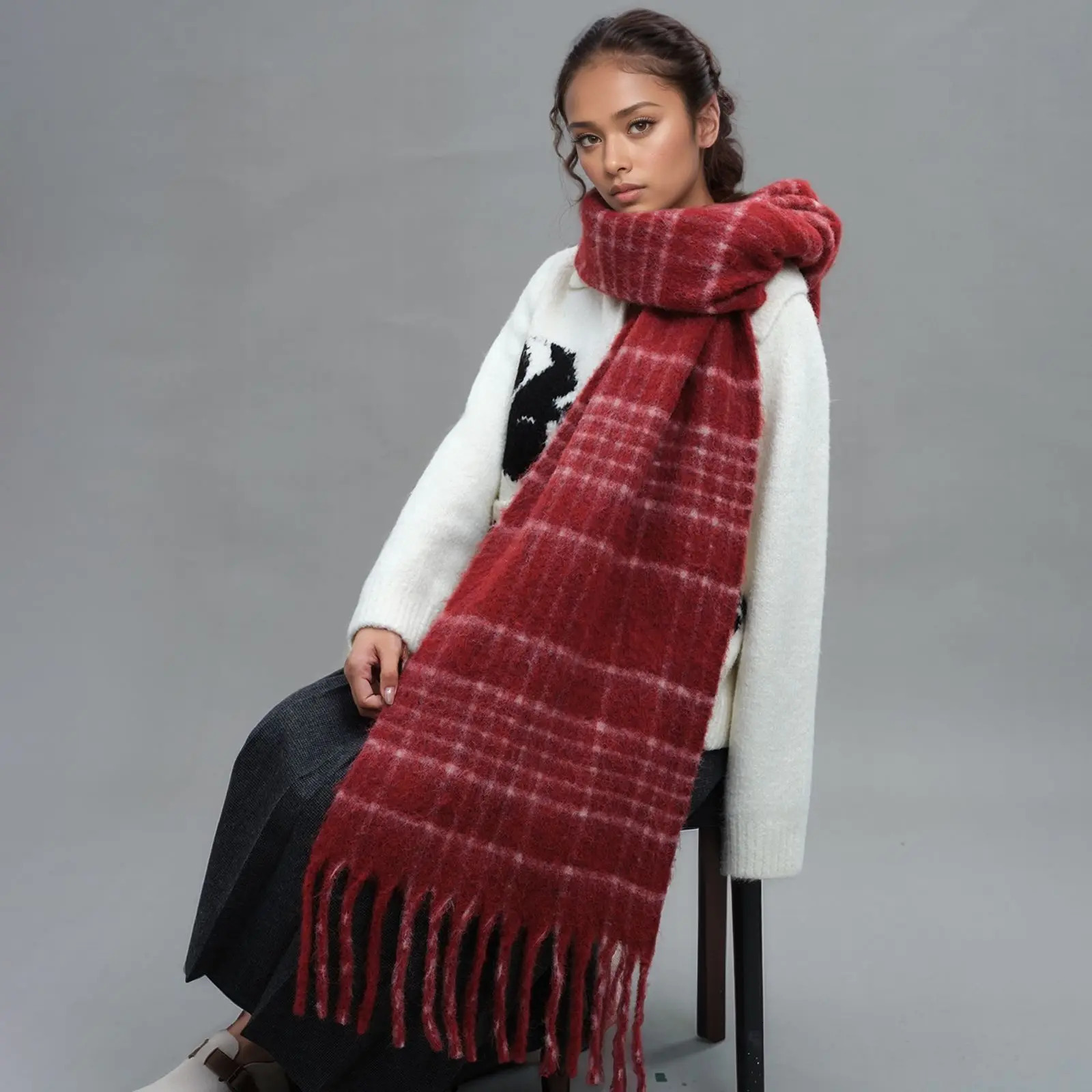 Plaid Scarf With Wool Tassel Winter Mohair Warm Scarves For Men And Women 200*37CM 241220