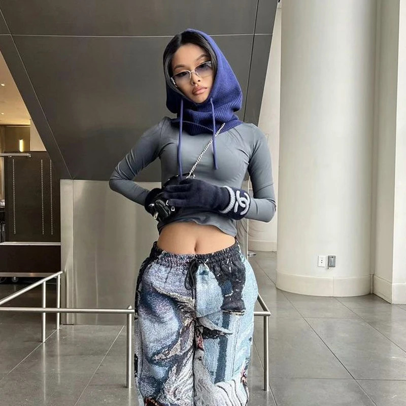 Women Windproof Hooded Scarf Hats Skullies Solid Color Knitted Pullover Drawstring Balaclava Winter Warm Hat Beanie Cap 241214