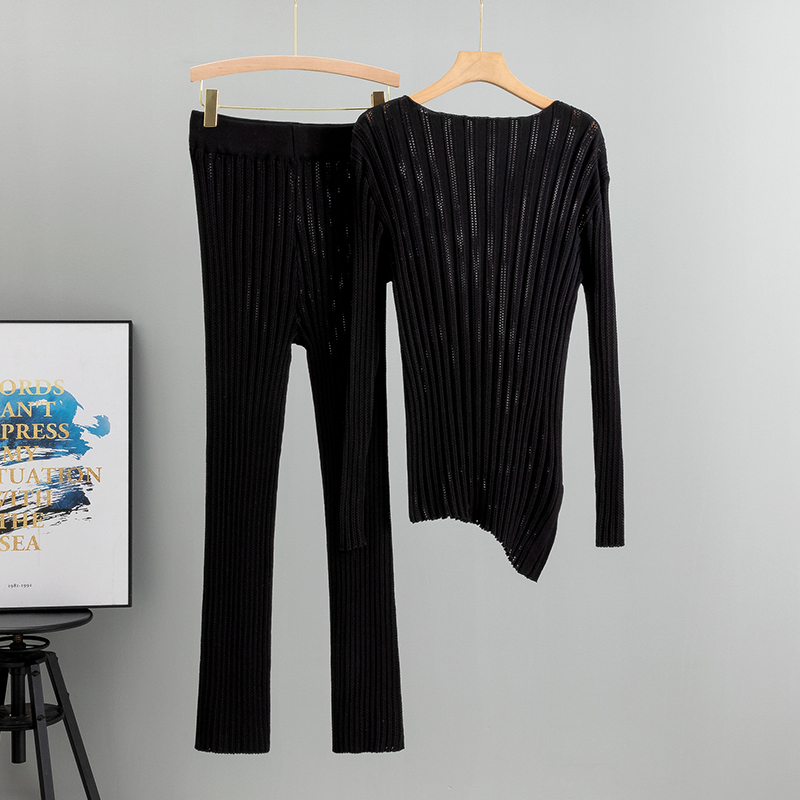 new Spring Summer Women Knitted Top Sets Fashion Causal Hollow Out Sweater Elastic Waist Pants Suits