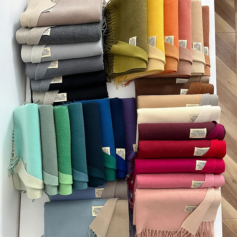 Solid Color Double-Side Cashmere Winter Women Scarf Korea Style Warm Shawl Outdoor Neckerchief Pashmina Tassel Lady 241220
