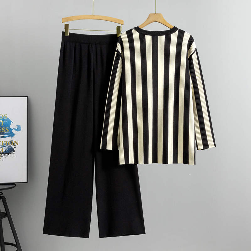 Chic Fashion new Spring Vintage Striped Women O Neck Casual Loose Split Knitted Pullover + Wide Leg Pants Two Piece Set