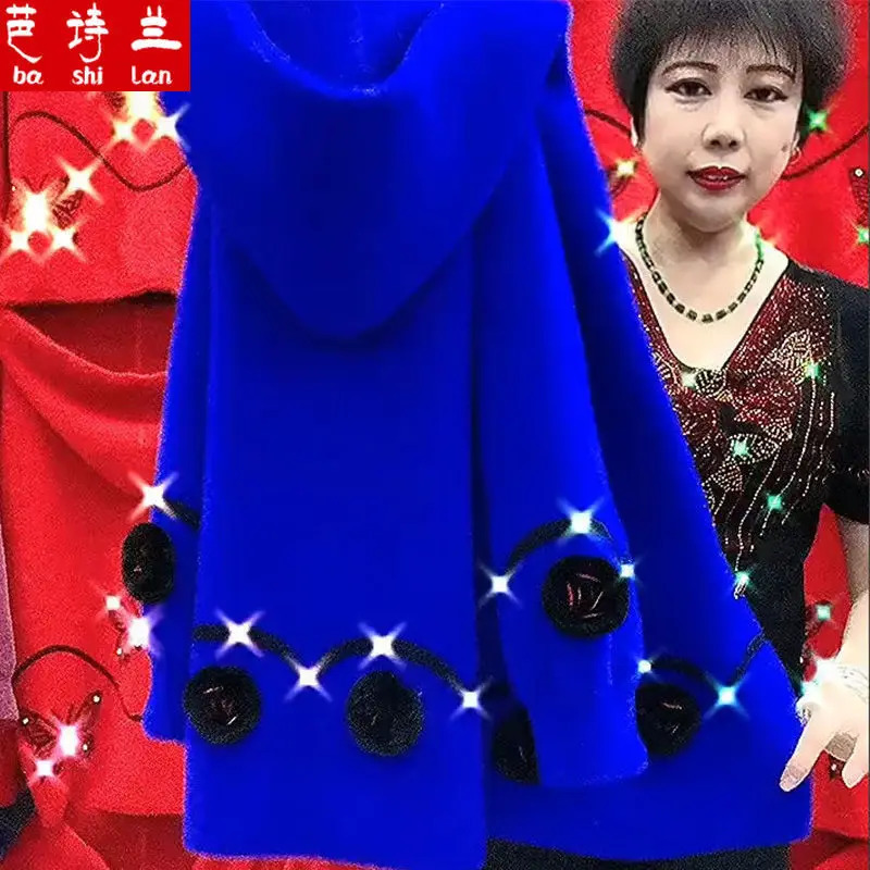 2023 Autumn Winter Middle Aged Women Faux Mink Cashmere Sweater Coat Thicken Hooded Mother Knitted Cardigan Woolen Coats 241220